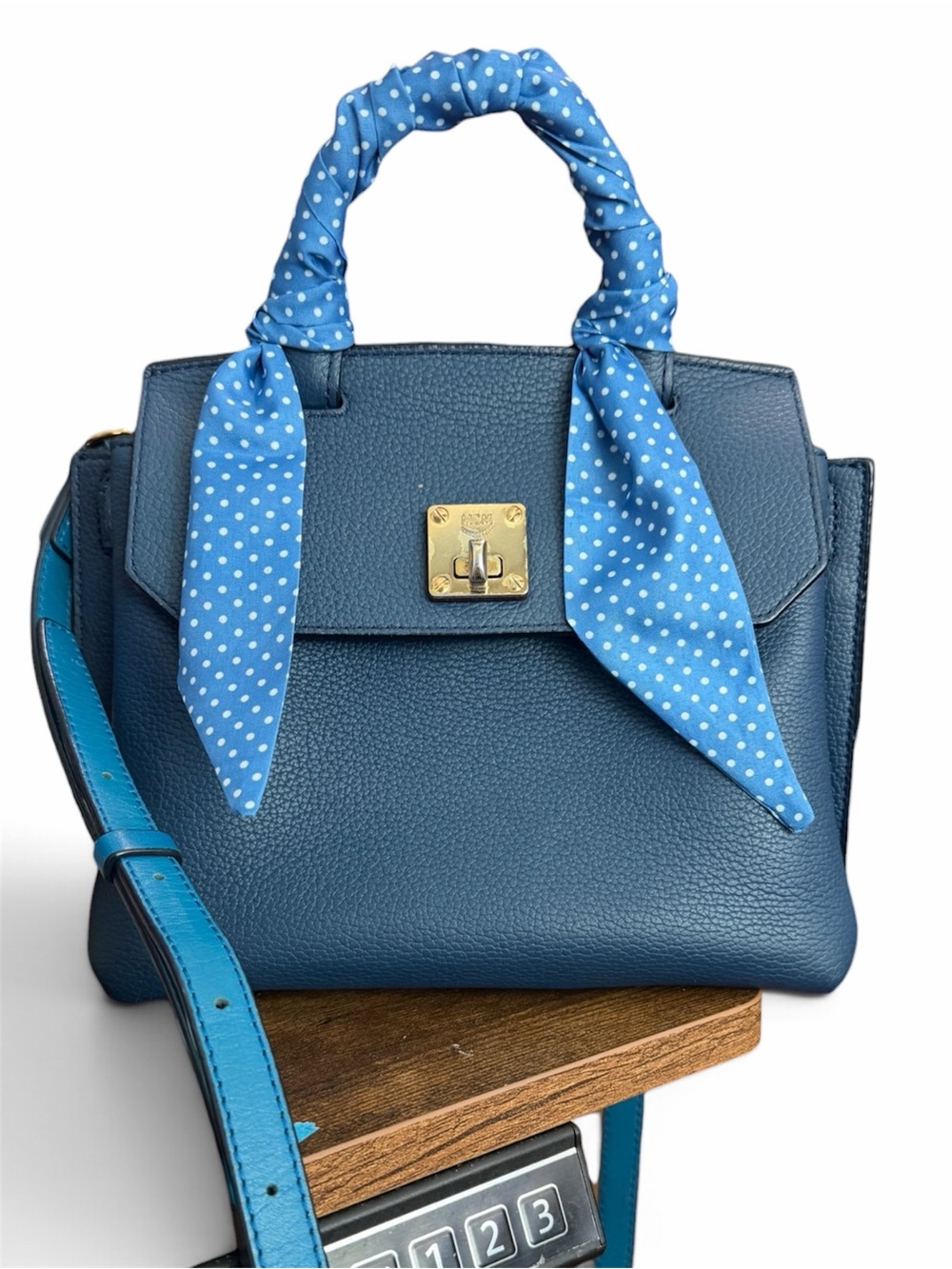 MCM Milla Flap Two Tone Blue Leather Top Handle Bag purse